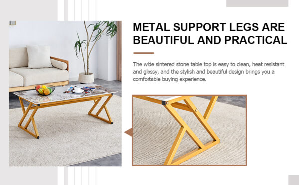 c4722494e7ca46509a60602931c3af96_25c33bb046f0dc24243f7f262a366c2f A coffee table is made of rock slab material, with a natural and smooth marble pattern on the surface, which complements the modern design of the golden metal legs and adds a touch of fashion.47*23.6