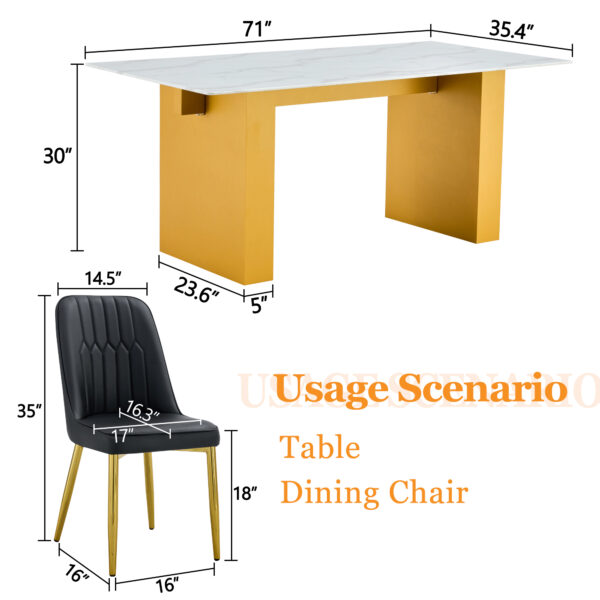 c498eb269ce5450f8f2257f6564e0a3e_0e2a72e3872c1aee6be5107bbbb7e3e9 Table and chair set.Luxurious Style Tempered Glass Dining Set-71"x35.4"with 8 Black PU Chairs with Simple Line Designs On The Backrest .Golden Metal Legs.Tempered Glass Top With White Texture sticker.