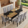 Table and chair set.71*35.4 inch Wooden And Black Spliced Dining Table With Storage Function In The Middle Of The Table Legs.Paired With 8 Light Gray Linen-Cotton Dining Chairs, Simple And Versatile.