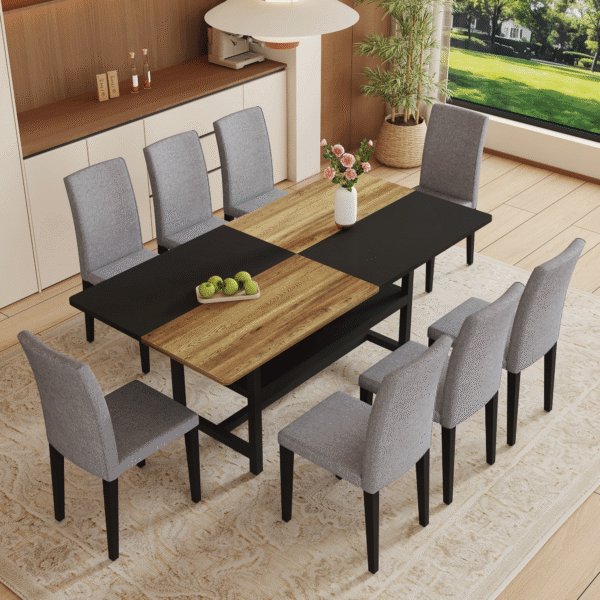 Table and chair set.71*35.4 inch Wooden And Black Spliced Dining Table With Storage Function In The Middle Of The Table Legs.Paired With 8 Light Gray Linen-Cotton Dining Chairs, Simple And Versatile.