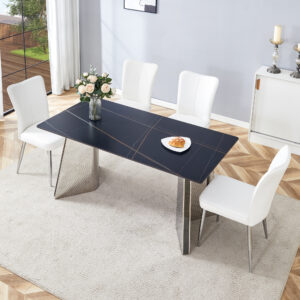 Table and chair set.63"x31.5x30" Black Marble-Patterned Slabs Tabletop with Stainless Steel Butterfly Legs.Paired with 4 white PU dining chairs with a vertical stripe design on the backrest.