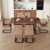 Table and chair set.Industrial Style Walnut-Colored Rectangular Dining Table - 71"x39.3" Large Size.Paired with 6 brown technology fabric chairs with Featuring arched black Metal legs.