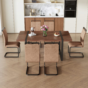 Table and chair set.Industrial Style Walnut-Colored Rectangular Dining Table - 71"x39.3" Large Size.Paired with 6 brown technology fabric chairs with Featuring arched black Metal legs.