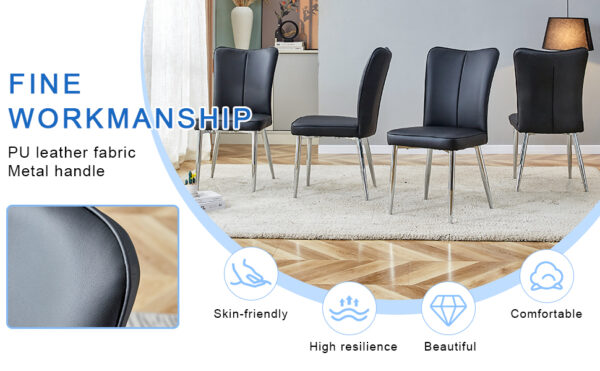 c4b88cf6d4504a17b119941bb26f94fd_9920b9c07157d8023a6379b084946e61 Table and chair set.Elegant Transparent Tempered Glass Dining Set - 71"x35.4" with 8 Black PU Chairs with a vertical stripe design on the backrest.