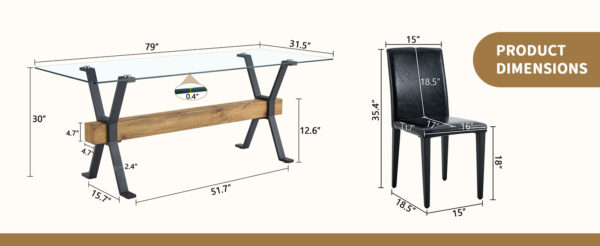 c4c018d67fee48a1b7763403af646f9f_a7456cf481de07e4f6f774495aa130ce Table and chair set.79"x31.5" Inch Tempered Glass Tabletop With X-shaped Black Metal Table Legs,Wood Grain Textured MDF Crossbeam.Paired With 8 Black PU Dining Chairs, Simple And Versatile.