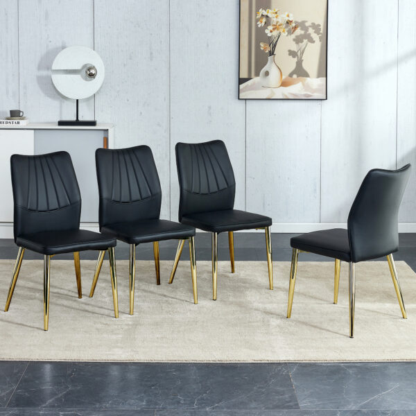 c4e610a29be6437591648a9e6f0ddb9d_20240205_daa7489a28c3765af97e299793d1d0a8 Four black dining chairs. A medieval modern chair made of PU material with soft cushions, equipped with golden metal legs. Suitable for restaurants and living rooms