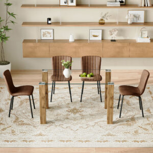 Table and chair set.A 49.6*30 Inch Transparent Tempered Glass Dining Table With Natural Wood Grain MDF Legs.Paired With 4 Brown Technology Fabric Dining Chairs With Black Metal Leg.