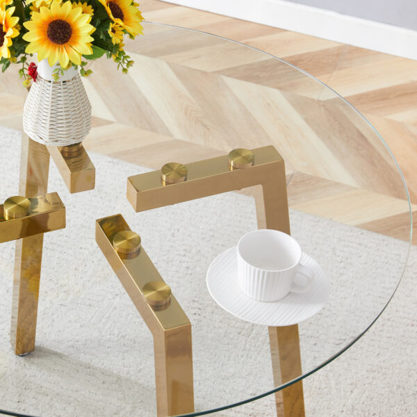 c52c5a8812dd440c899d48bac247a90d_09aed577f6c3f90d5c85f72d882ffa9e Modern Luxurious Round Tempered Glass Dining Table with Gold 7-Shaped Metal Legs,suitable for family meals, office conferences, or as a casual coffee table for various occasions.36*36*29.5