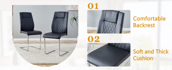 c538e3169e24446c9cf773d438b8090b_b985928648f93c52f7020afa20dc7cc1 Table and chair set.64.5 x 35.4 Inch Stylish White Marble Textured Dining Table,Perfectly Blending Simplicity And Transparency.Paried With 6 Black High-quality PU Chairs With Silver Arched Metal Legs.