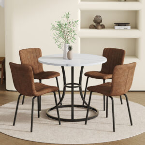 Table and chair set.A Modern Minimalist Circular Dining Table With A Diameter Of 33.3 Inches.Paired With 4 High Quality Brown Dining Chairs Made Of Technology-Fabric.Iron pipe spraying Legs.