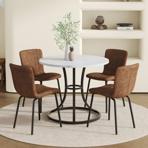 c566efeb69de435595157ed51893a39b_b38007a04a732848144511c34485a2d8 Table and chair set.A Modern Minimalist Circular Dining Table With A Diameter Of 33.3 Inches.Paired With 4 High Quality Brown Dining Chairs Made Of Technology-Fabric.Iron pipe spraying Legs.