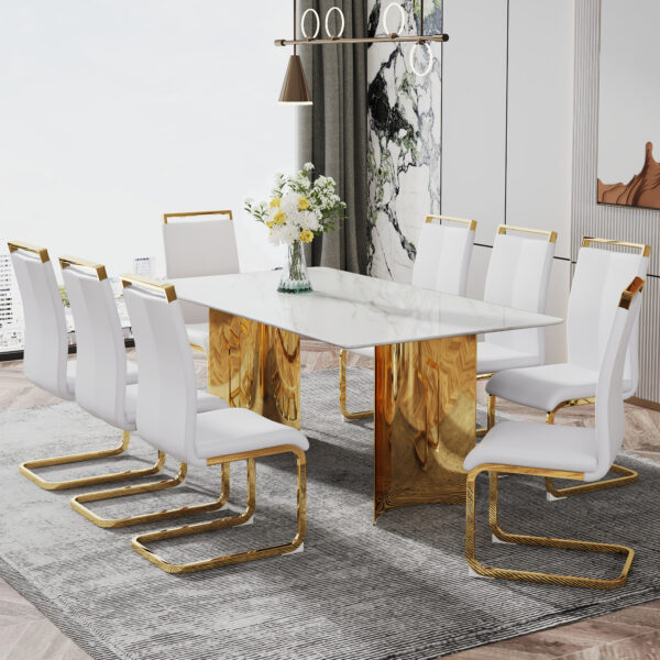 c58ba557af284bfda01450badf2b4198_20231122_28bcf365a188dfc309b4accb16619168 Modern minimalist dining table. The white imitation marble glass desktop is equipped with golden metal legs. Suitable for restaurants and living rooms 71 "* 39.3" * 29.5 "DT-69