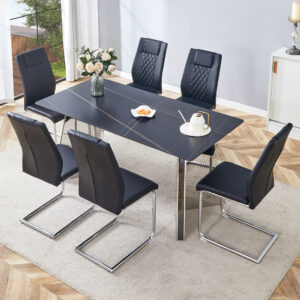Table and chair set.63"x31.5x30" Black Marble-Patterned Slabs Tabletop with Stainless Steel Butterfly Legs.Paried with 6 Black high-quality PU chairs with silver metal legs.