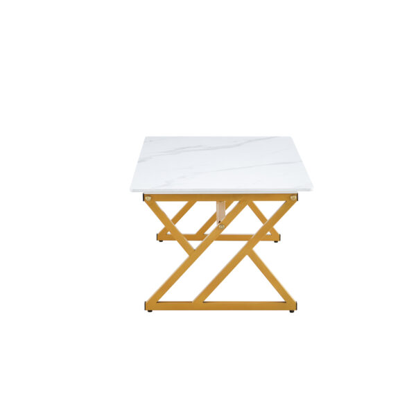 c5c13d57a17e4d2986b6b6d2996100ca_4d63e55cf696204cbce974ff28ee51e5 A coffee table made of rock slab material, with a smooth and natural surface that complements the modern design of the golden metal legs, making it suitable for living rooms of all sizes.47*23.6