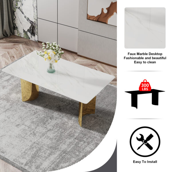 c5ceb6bd720c4d65b51bce504b4ed247_2ced93e190b07b438a0e6460146bb5c3 Table and chair set.The table has a glass top with imitation marble pattern stickers and stainless steel golden legs. Paried with chairs with PU artificial leather backrest cushions and black legs.