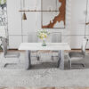 Modern minimalist dining table. Imitation marble glass sticker desktop, stainless steel legs, stable and beautiful. 4 premium PU seats. 63 inches * 35.4 inches * 29.5 inches DT-69 C-1162