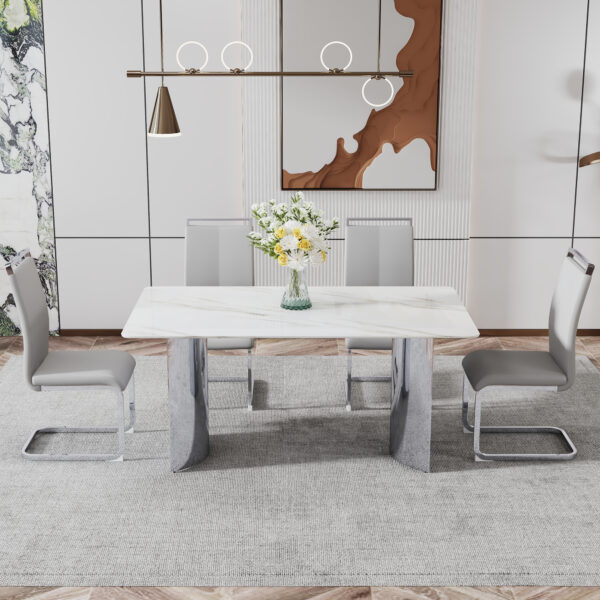 Modern minimalist dining table. Imitation marble glass sticker desktop, stainless steel legs, stable and beautiful. 4 premium PU seats. 63 inches * 35.4 inches * 29.5 inches DT-69 C-1162