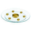 Double layer rotatable round glass.Golden aluminum plate,The rotatable design makes it convenient to retrieve and place items.The upper glass has a diameter of 20 inches,the lower glass15 inches.