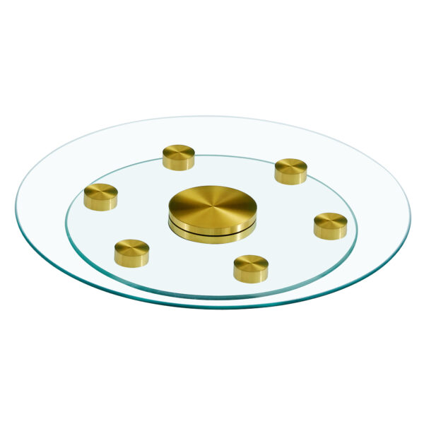 c63b40332bbe415d8955d3761e73a91c_170f8b9737867182242bf75145dd351d Double layer rotatable round glass.Golden aluminum plate,The rotatable design makes it convenient to retrieve and place items.The upper glass has a diameter of 20 inches,the lower glass15 inches.