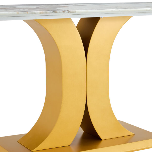 c6459f9fff6044028556c2fd3a0a629a_536c6ed5df8c1c43c99de9057c2eaa2b A modern minimalist dining table. Imitation marbled glass tabletop. Gold MDF table legs for kitchen and living room