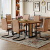 Table and chair set.67"x36" Wood-Textured MDF Dining Table Set with 6 Brown Fabric Chairs.MDF sticker,Wood colored texture sticker,Black C-tube dining chair legs,Suitable for kitchen,Dining room,etc.