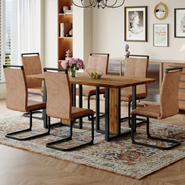 c663418671ed4ef49f6131947ba44d40_fabe975df38a5af5e2bc21019dd0e82b Table and chair set.67"x36" Wood-Textured MDF Dining Table Set with 6 Brown Fabric Chairs.MDF sticker,Wood colored texture sticker,Black C-tube dining chair legs,Suitable for kitchen,Dining room,etc.