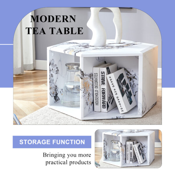 c66b6d4cc3254ccfa106994382e63357_85f1625e02b1044fdaeb1c7e2627a43f Hexagonal MDF coffee table, characteristic pattern stickers, multi-hole design to give more storage space, simple and convenient design makes it suitable for all kinds of style scenes.