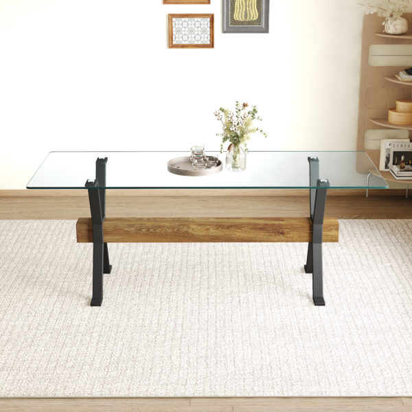 c67848c36e7f4356b956eb7bba05a084_daabe016fb3d2b6609e7b34d6abbd8ca Elegant Transparent Tempered Glass Dining Table - 79"x31.5" with X-shaped Black Metal Table Legs,Wood Grain Textured MDF Crossbeam. With a Thickness Of 0.39 Inches.Comfortably Accommodate 6-10 People.