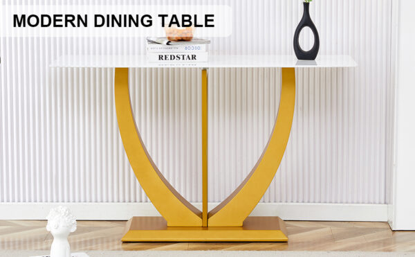 Modern and simple rectangular glass dining table in white with a pattern, 0.39 "white top and gold legs, suitable for entrance and living room.