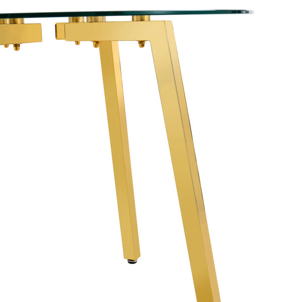 c69c1413991e486cba2e57b294f07470_aa0b3b542ff9dcfb9907ad37c647135f Modern Luxurious Round Tempered Glass Dining Table with Gold 7-Shaped Metal Legs,suitable for family meals, office conferences, or as a casual coffee table for various occasions.36*36*29.5