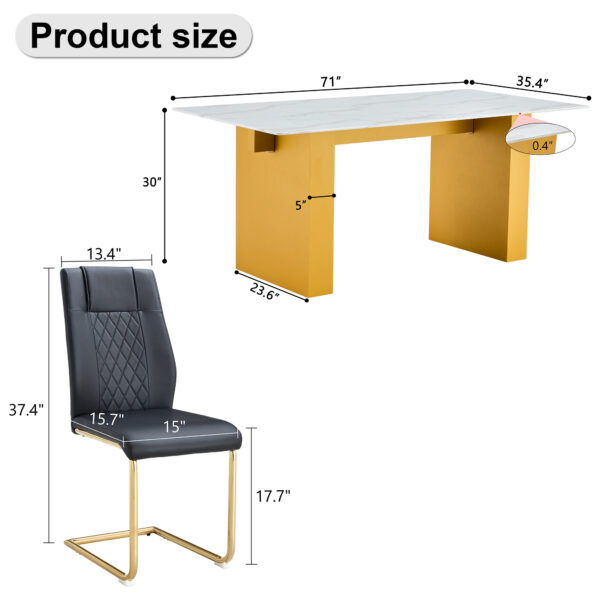 c6aaca4ccbb044d4a4567360856d10b4_aa6b6d38154db1f538e2ffbe2a8aaa48 Table and chair set.Large modern rectangular table with 0.4 inch patterned glass tabletop and large MDF table legs.Comes with 8 chairs with faux leather cushioned seats and golden metal legs.
