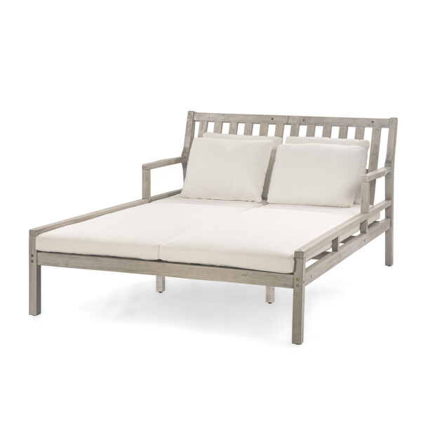 TREXM Outdoor Daybed, Patio Daybed with Four Pillows, Wooden Outdoor Bed with Curved Armrests for Poolside, Backyard, Garden (Gray+Beige Cushion)