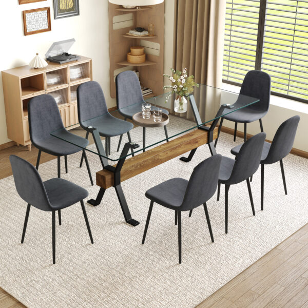 c6c57732b9ae4518a71f430882a0c884_e34f2284bf63d2d05a208d07307ced78 Table and chair set.79"x31.5" with X-shaped Black Metal Table Legs,Wood Grain Textured MDF Crossbeam.Paired With 8 Chairs Made Of Dark Gray Lnen Fabric.Iron pipe spraying Legs.