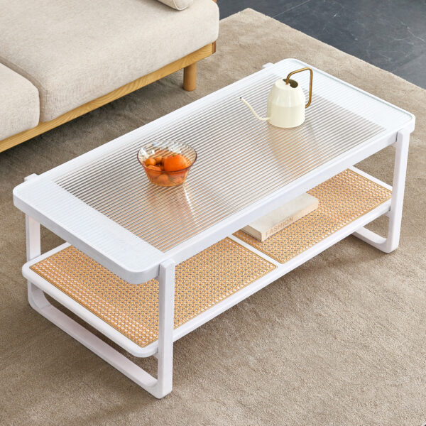 c6cc860aecb74504b94e8121337451a8_20240123_770342df96f09880405f98773bf82790 Modern minimalist white double layered solid wood coffee table. Glass tabletop, imitation rattan edge table. Rectangular table suitable for living room, dining room, and bedroom