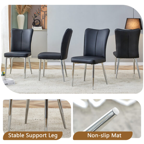 c6ce70e4f04f47c5828bd0831c480389_21c3e5bffabcf0d917d51364d53735a1 Table and chair set.63"*35.4" White Imitation Marble Pattern MDF Dining Table Set - 4 Black PU Chairs with a vertical stripe design on the backrest.Create Your Exclusive Low-Key Luxury Space.
