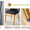 Table and chair set.Luxurious Snow Mountain White Slab Round Dining Table Set - 47"x47" with 4 Black PU Chairs with Simple Line Designs On The Backrest .Golden Metal Legs.
