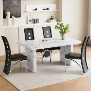 Table and chair set.63"*35.4" White Imitation Marble Pattern MDF Dining Table Set - 4 PU Chair With Black Saddleback, Geometric Pattern Backrest,Silver Curved Metal Leg..Suitable For Various Scenes.