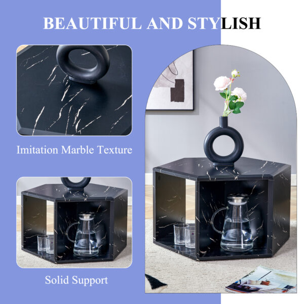 c73d849b0f4b4e53a18c46f8dbf2bb10_17f85857ce53eb6436d43954c304ba32 Hexagonal MDF coffee table, characteristic pattern stickers, multi-hole design to give more storage space, simple and convenient design makes it suitable for all kinds of style scenes.