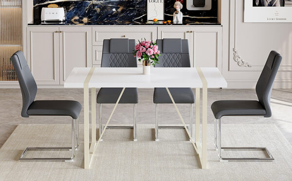 c74c88c8746f49fbb3b76d99eb078fe5_23e8fdf76132cd41080304f58edc0dab Table and chair set.55"x31.4" Cream-Style White MDF Dining Table Set with 4 Dark Gray Chairs With Silver Metal Legs.MDF Tabletop and metal frame legs.Adding a warm atmosphere to your family.