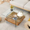 31.4 Inch Modern Two-Tier Square Coffee Table -An Elegant Combination of Clear Glass and Light Wood Texture Sticker.It can be used not only as a coffee table but also as a side table or display stand.