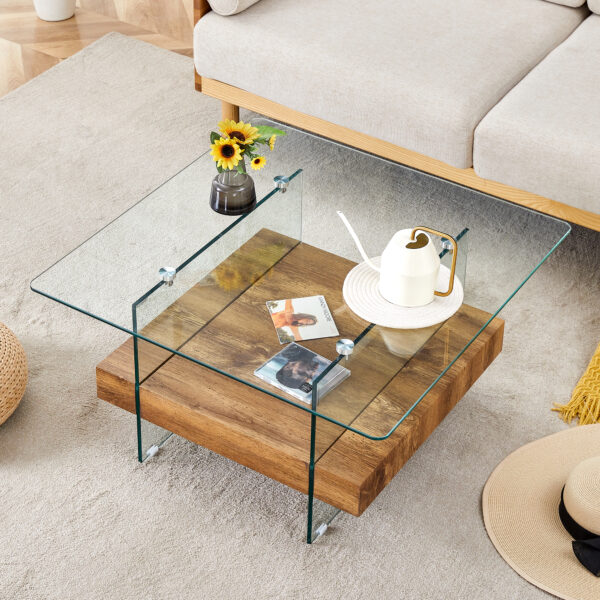 c74d6f9f80f949c6a5b207a1215d6f11_dbe663293963b2c74d130df0d2dab527 31.4 Inch Modern Two-Tier Square Coffee Table -An Elegant Combination of Clear Glass and Light Wood Texture Sticker.It can be used not only as a coffee table but also as a side table or display stand.