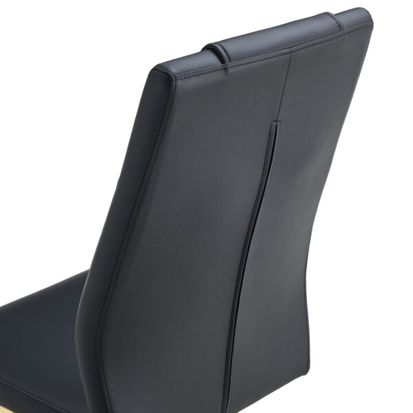 c7501d6dd3b64a2382319a0e9b4948ae_7e2f87f0d9c5f4159bcfbbef99943066 Table and chair set.Subtle Luxury Tempered Glass Dining Set - 63"x35.4" with 6 Black PU Chairs with golden C-tube metal leg.Arched Metal Gold Leg.White imitation marble texture sticker Tabletop.