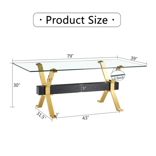 c76515adb7de4815aa9e10e05ba9427e_20230908_2188aeb3b94d25e1913dc5ec75b8ae20 Dining table. Modern tempered glass dining table. Large modern office desk with gold plated metal legs and MDF crossbars, suitable for both home and office use. Kitchen. 79 ''x39''x30 '' 1105