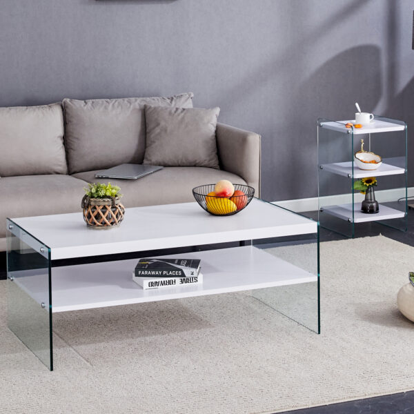 Three-tier bedside table and bunk coffee table set. Made of MDF with white stickers and clear tempered glass on both sides. The design is simple and elegant, with powerful storage functions