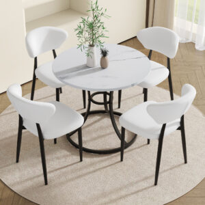 Table and chair set.A Modern Minimalist Circular Dining Table With A Diameter Of 33.3 Inches.Paired With 4 White Minimalist Ergonomic Dining Chair, With A Curved Backrest For Comfortable Design.