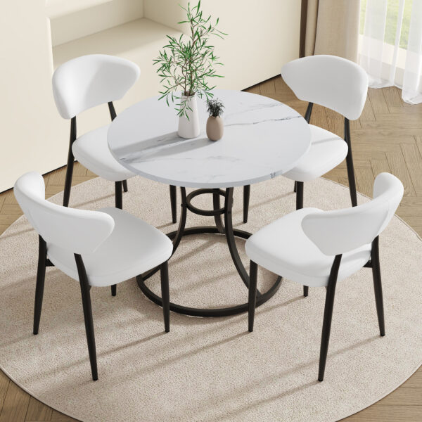 c78465922e6b4cd1b405a0a8b16679a4_ee33bc1c8c5212da2506dfc25d11beb0 Table and chair set.A Modern Minimalist Circular Dining Table With A Diameter Of 33.3 Inches.Paired With 4 White Minimalist Ergonomic Dining Chair, With A Curved Backrest For Comfortable Design.