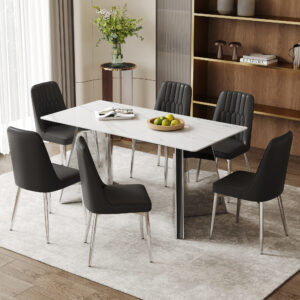 Table and chair set.63"x31.5x30" Luxurious Snow Mountain Patterned Sintered Stone Table with Silver Metal Butterfly Legs.Paired With 6 Black Chairs With Silver Metal Legs.Modern Light Luxury.