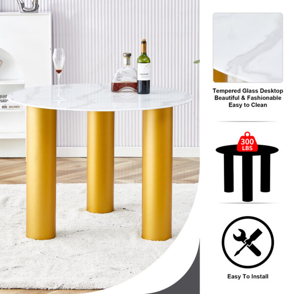 Round white dining table, artificial marble glass stickers, golden MDF legs, kitchen dining table, living room dining table 40 "* 40" * 29.4 "F-X03