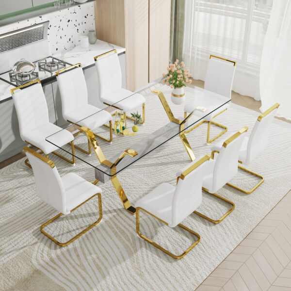 c7d866738bb14b88bc93ac7e6cfd7777_20230821_1e0d1ed506433fcfe2204a38772a48a0 Dining table. Modern tempered glass dining table. Large modern office desk with gold plated metal legs and MDF crossbars, suitable for both home and office use. Kitchen. 79 ''x39''x30 '' 1105