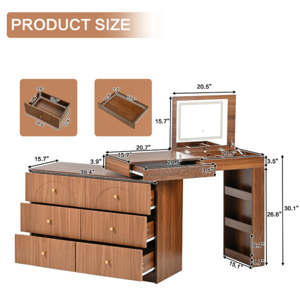 Vanity Desk with Mirror and Lights, Makeup Vanity Table with Flip-Top Tabletop and Storage 7 Drawers, 9 Compartments, 3 Shelves, 3 Color Modes Adjustable Makeup Table for Bedroom, Walnut